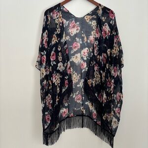 ICING | Navy Y2K Boho Sheer Black and Pink Floral Fringe Kimono | Size OS
